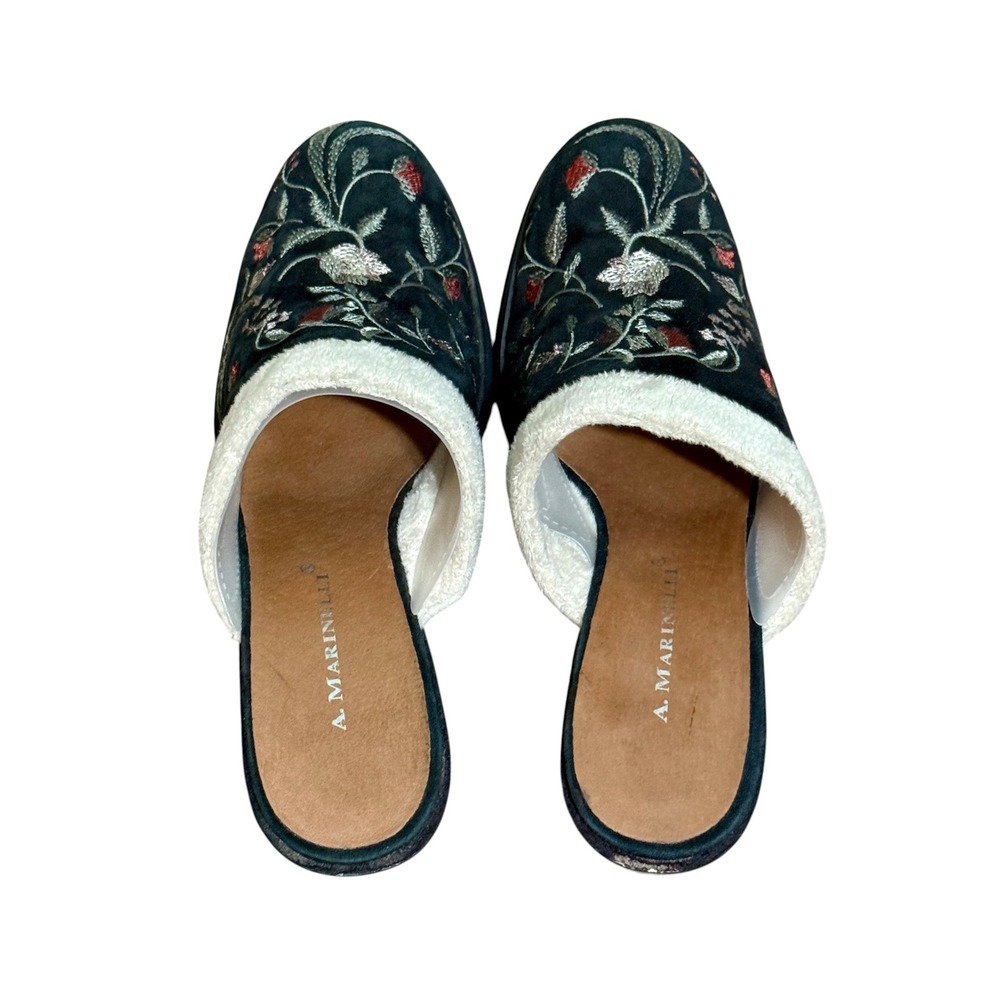 A Marinelli Velvet Floral Embroidered Mules Faux Fur Trim Block Heel Clog Sz 8.5